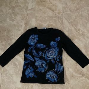 Black long sleeve y2k blue flower design shirt